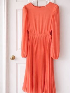 Jealous Tomato Coral Pleated Long-Sleeve Midi Dress